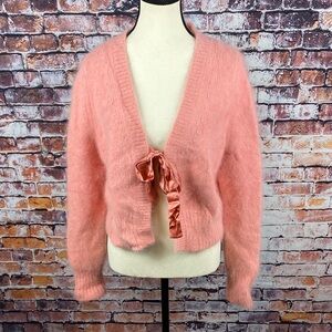 Banana Republic Pink Angora Rabbit Hair Open Front Cardigan with Bow Sz L